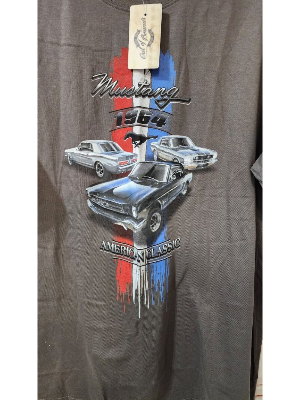 1964 FORD MUSTANG AMERICAN CLASSIC STEEL GRAY TEE T SHIRT LARGE USA COLORS